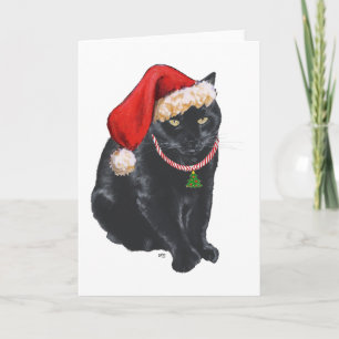 Cartão De Festividades Gato Preto de Chapéu de Papai Noel