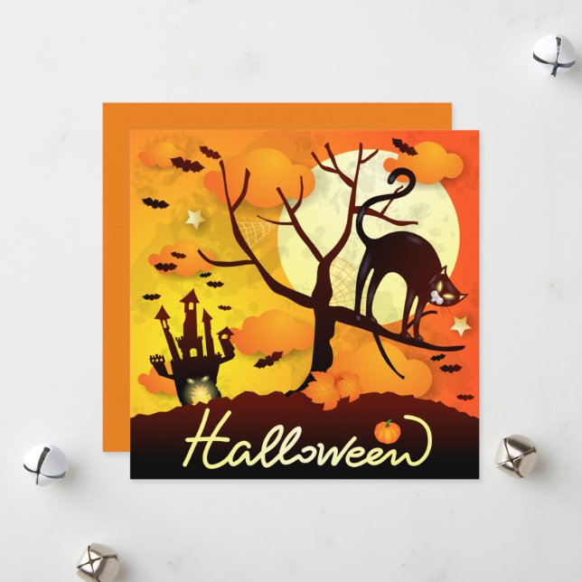 Cartão De Festividades Gato Preto de Halloween (Frente/Verso In Situ)