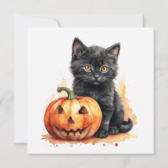 Cartão De Festividades Gato Preto de Halloween em Aquarela com Abóbora (Frente)