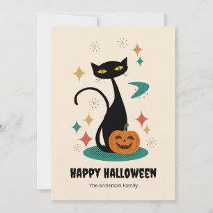 Cartão De Festividades Gato Preto de Halloween em Estilo de Meados do Séc