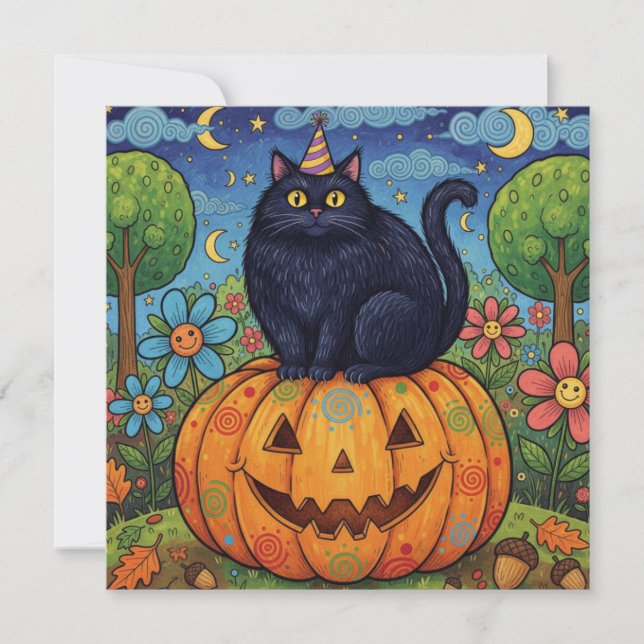 Cartão De Festividades Gato Preto de Halloween Fofo e Abóbora (Frente)