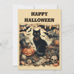 Cartão De Festividades Gato Preto de Halloween Gótico Vintage para Crianç