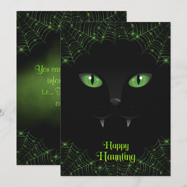 Cartão De Festividades Gato Preto de Halloween Teias Verdes (Frente/Verso)