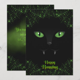 Cartão De Festividades Gato Preto de Halloween Teias Verdes