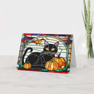 Cartão De Festividades Gato Preto de Vidro Colorido com Abóboras
