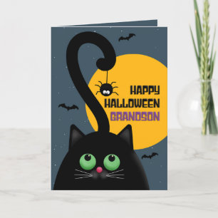 Cartão De Festividades Gato Preto do Avô Feliz Halloween Com Aranha