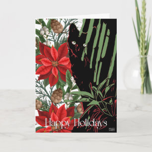 Cartão De Festividades Gato Preto e Design de Poinsettia 