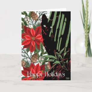 Cartão De Festividades Gato Preto e Design de Poinsettia 