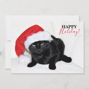 Cartão De Festividades Gato Preto Fofo com Chapéu de Papai Noel