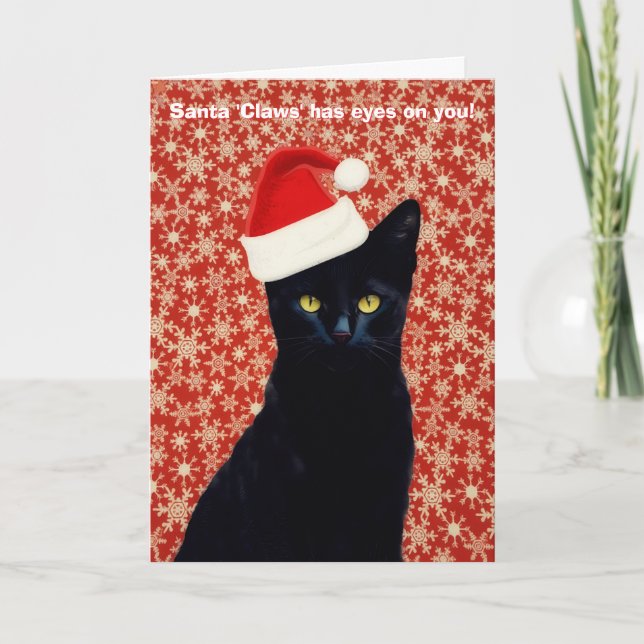 Cartão De Festividades Gato Preto Fofo com Garras de Papai Noel Feriado d (Frente)