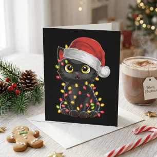 Cartão De Festividades Gato Preto Fofo de Chapéu de Papai Noel com Luzes
