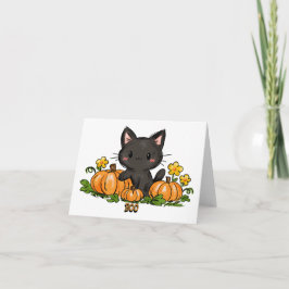 Cartão De Festividades Gato preto fofo de Halloween com abóboras laranja