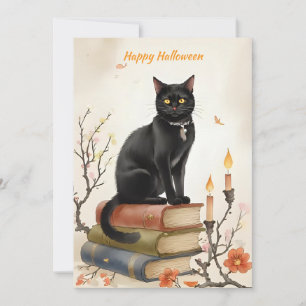 Cartão De Festividades Gato Preto & Livros de Feitiços Aquarela Halloween
