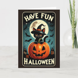 Cartão De Festividades Gato Preto Vintage Fofo em um Halloween de Abóbora