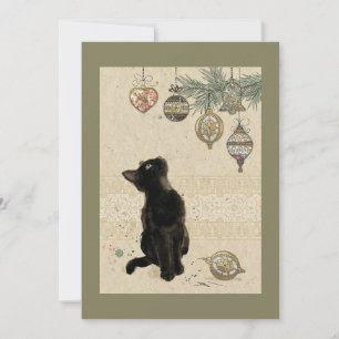 Cartão De Festividades Gato Preto Vintage Olhando para Ornamentos