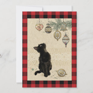Cartão De Festividades Gato Preto Xadrez Vintage Olhando Para Enfeites