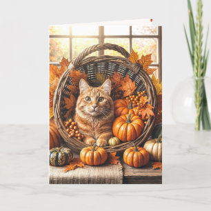 Cartão De Festividades Gato Ruivo na Cornucópia do Dia de Ação de Graças