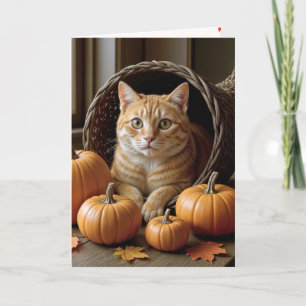Cartão De Festividades Gato Ruivo na Cornucópia do Dia de Ação de Graças