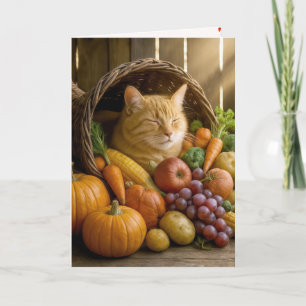 Cartão De Festividades Gato Ruivo na Cornucópia do Dia de Ação de Graças