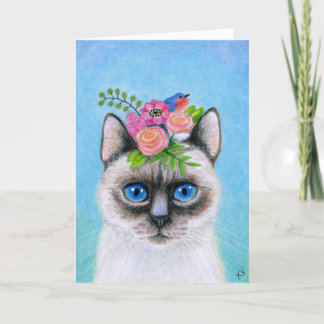 Cartão De Festividades Gato Siamese bonito com chapéu da flor
