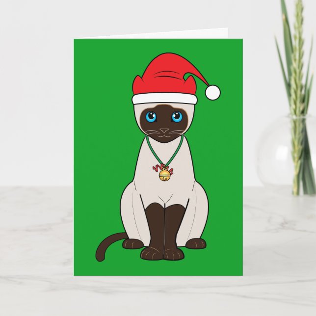 Cartão De Festividades Gato Siamese do Natal com chapéu do papai noel (Frente)