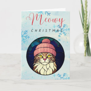 Cartão De Festividades Gato Tabby de Natal em Vidro Colorido com Boné Ros