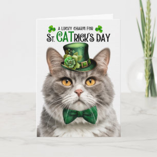 Cartão De Festividades Gato Tabby Mármore Cinza St CATrick's Day Amuleto 