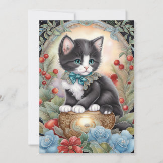 Cartão De Festividades Gato Tuxedo Art Nouveau Floral 
