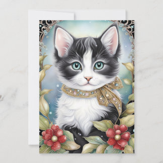 Cartão De Festividades Gato Tuxedo Chique Moldura Flora de Inverno
