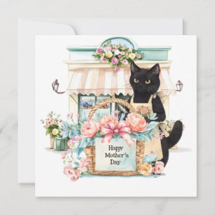 Cartão De Festividades Gato Tuxedo com cesta de flores Feliz Dia das Mães