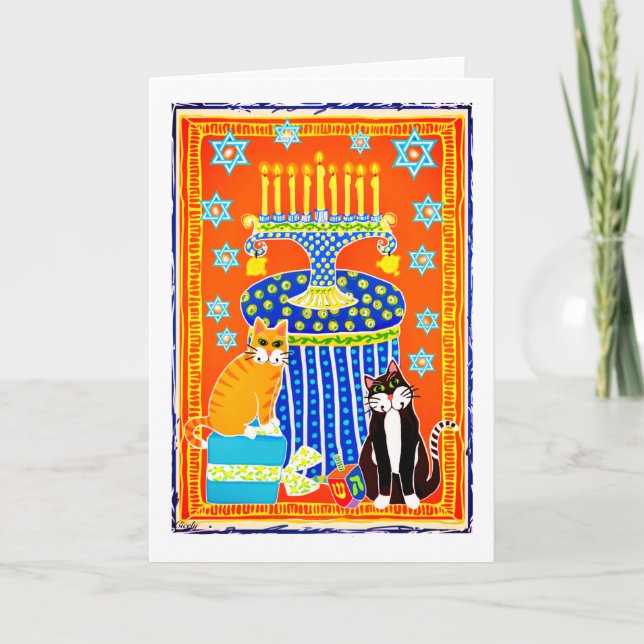 Cartão De Festividades Gato Tuxedo e Gato Malhado Celebram o Hanukkah  (Frente)