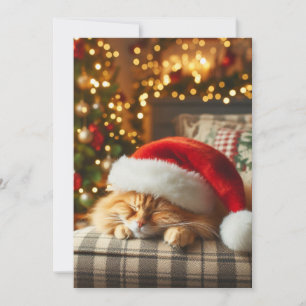 Cartão De Festividades Gato vestindo chapéu do Papai Noel dormindo em cad