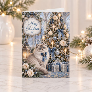 Cartão De Festividades Gato Vitoriano Natalino Floral Azul Vintage