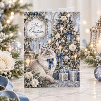 Cartão De Festividades Gato Vitoriano Natalino Floral Azul Vintage