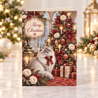 Cartão De Festividades Gato Vitoriano Vintage Floral Vermelho Natal