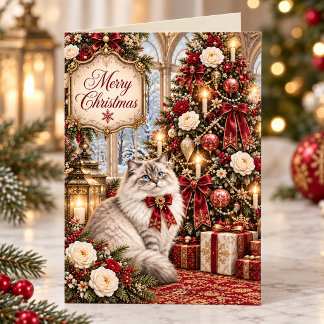 Cartão De Festividades Gato Vitoriano Vintage Floral Vermelho Natal