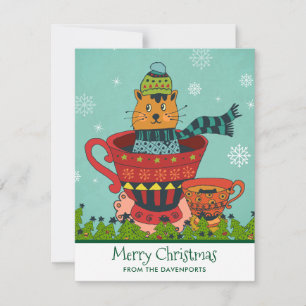 Cartão De Festividades Gato Whimsso Sentado em um Natal Teacup
