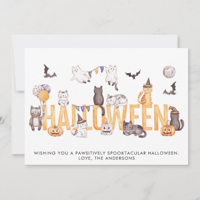 Cartão De Festividades Gatos de Aquarela de Halloween Cutis Personalizado (Frente)