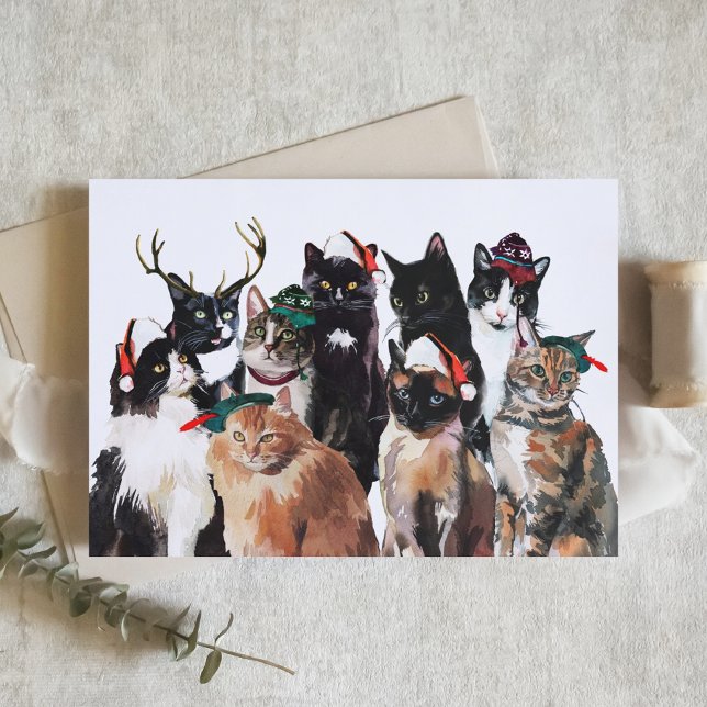 Cartão De Festividades Gatos de Aquarela Festiva com Natal (Criador carregado)