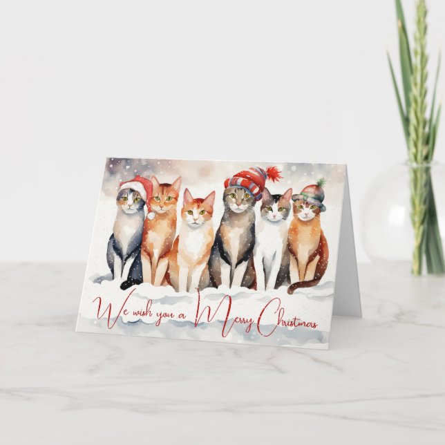 Cartão De Festividades Gatos De Natal Com Aquarela Em Flocos De Neve (Frente)