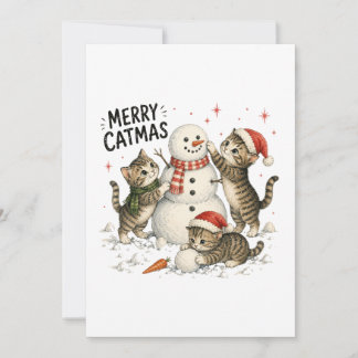 Cartão De Festividades Gatos de Natal Construindo Boneco de Neve