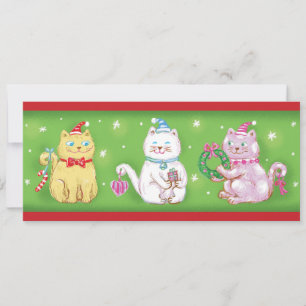 Cartão De Festividades Gatos de Natal Meow de Desenho Animado Fofo com Ch