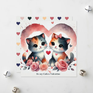 Cartão De Festividades Gatos Fofos "Seja Meu Valentino Calico" Aquarela