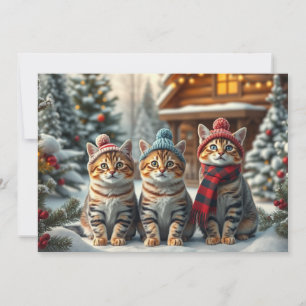 Cartão De Festividades Gatos Listrados em Roupas e Chapéu de Inverno Eleg