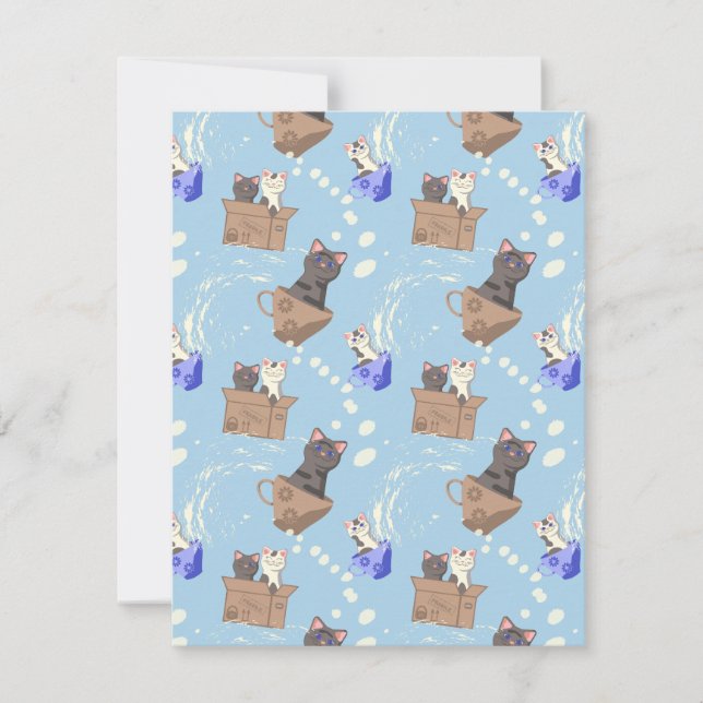 Cartão De Festividades Gatos na caixa e leite cai em azul (Frente)