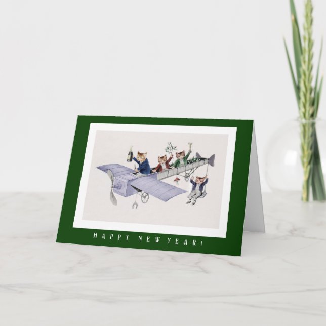 Cartão De Festividades Gatos Trazendo Placa De Feliz ano novo De Champanh (Frente)