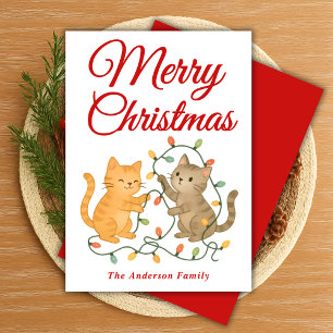 Cartão De Festividades Gatos Whimsical Tangendo Luzes De Natal