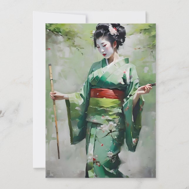 Cartão De Festividades Geisha Japonês no Retrato Verde B (Frente)
