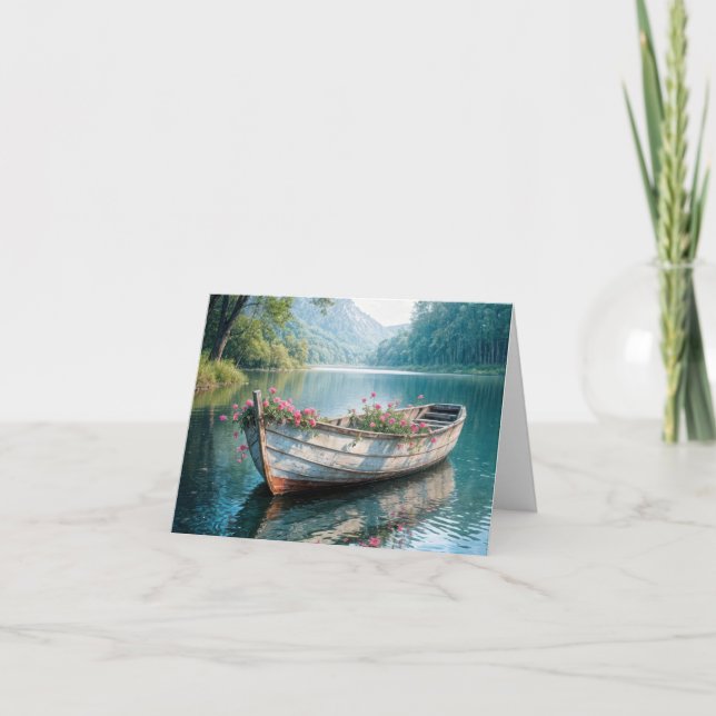 Cartão De Festividades Gerânios Rosa Em Rowboat De Madeira (Frente)