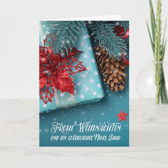 Cartão De Festividades German Weihnachten Christmas Cheer Blue and Red (Frente)